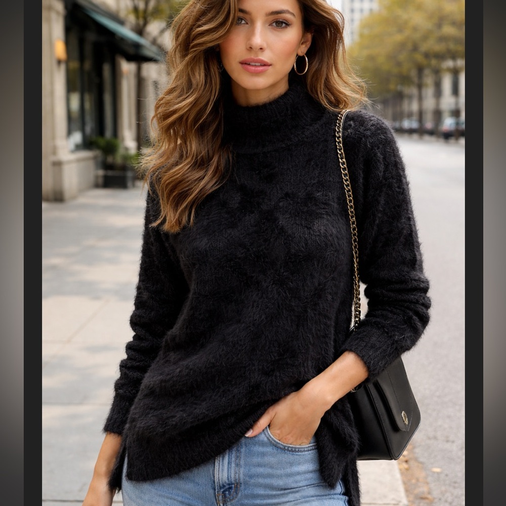 French Connection Fuzzy Mock Neck Sweater Black Plush Soft Knit Side Slit Small